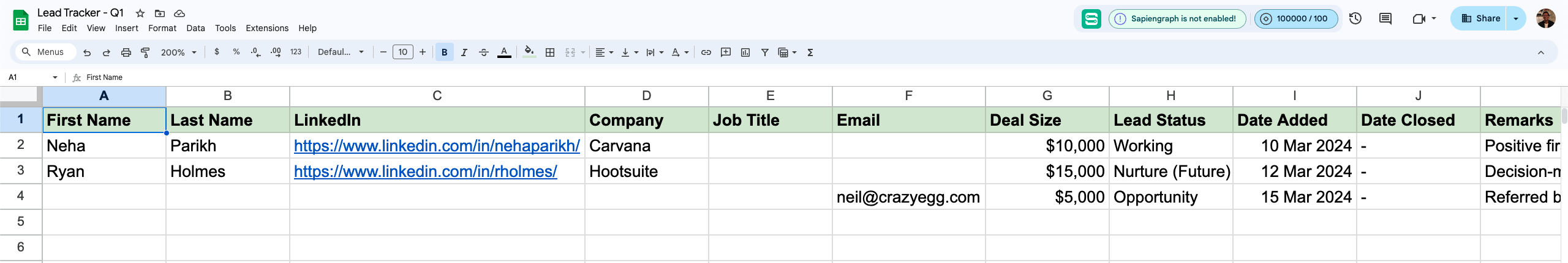 Screenshot of lead tracker spreadsheet